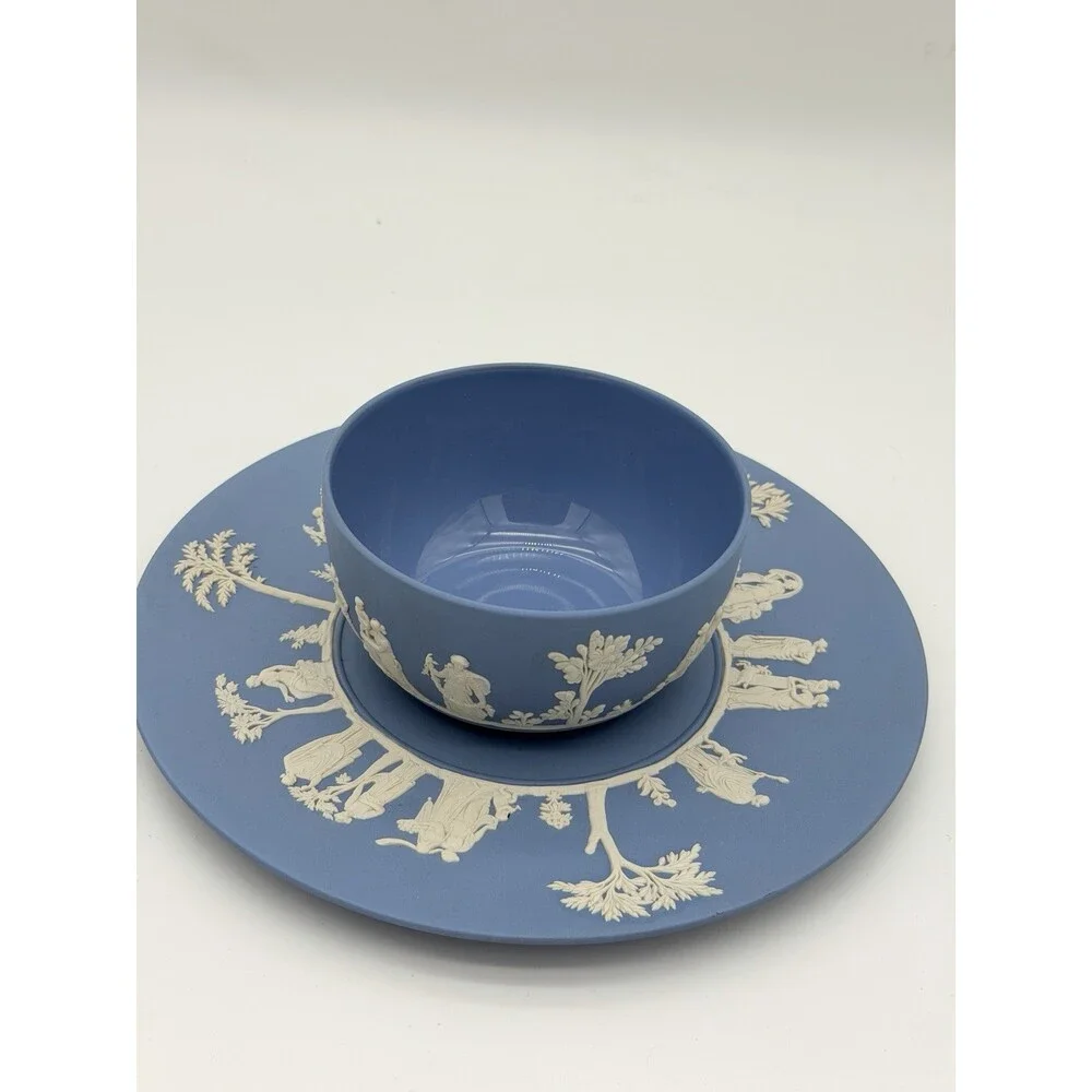 Wedgwood Jasperware England Blue/white Plate & Bowl Porcelain Set Vintage